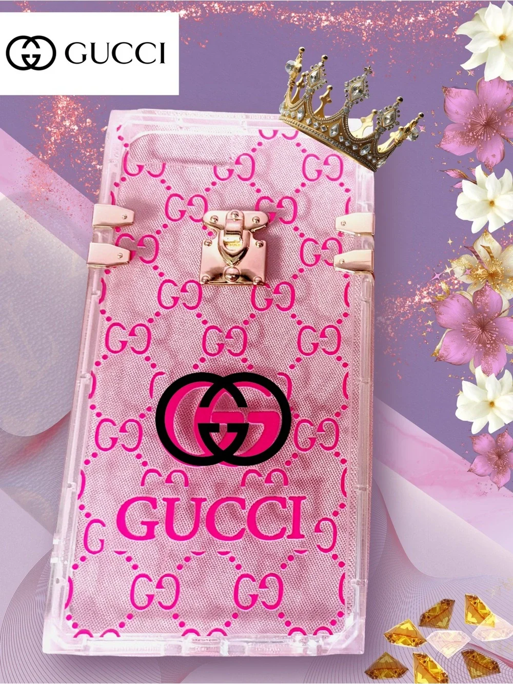 Gucci Logo Pattern Clear/Pink Phone Case with Golden Accents — iPhone 6,7,8 PLUS